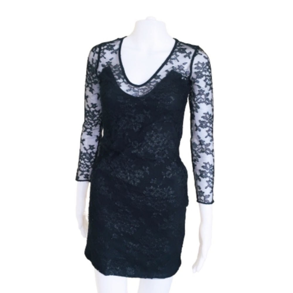 EXPRESS V Cut Long Sleeve Cocktail Dress With Lace Overlay Black Size Small - Picture 3 of 9